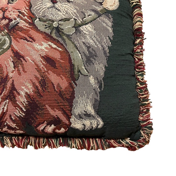 Vintage Christmas Cats Kittens Needlepoint Tapestry Frayed Border Holiday Pillow - Picture 2 of 16